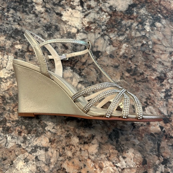 Dressy gold wedge shoes with rhinestone straps. New in box. - Picture 2 of 3